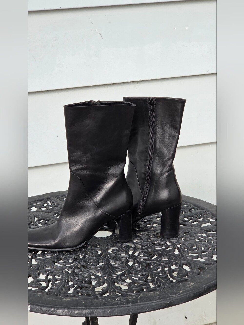 Via Spiga Leather Mid Calf Boots, Block Heel, Zipper Sides, Classic